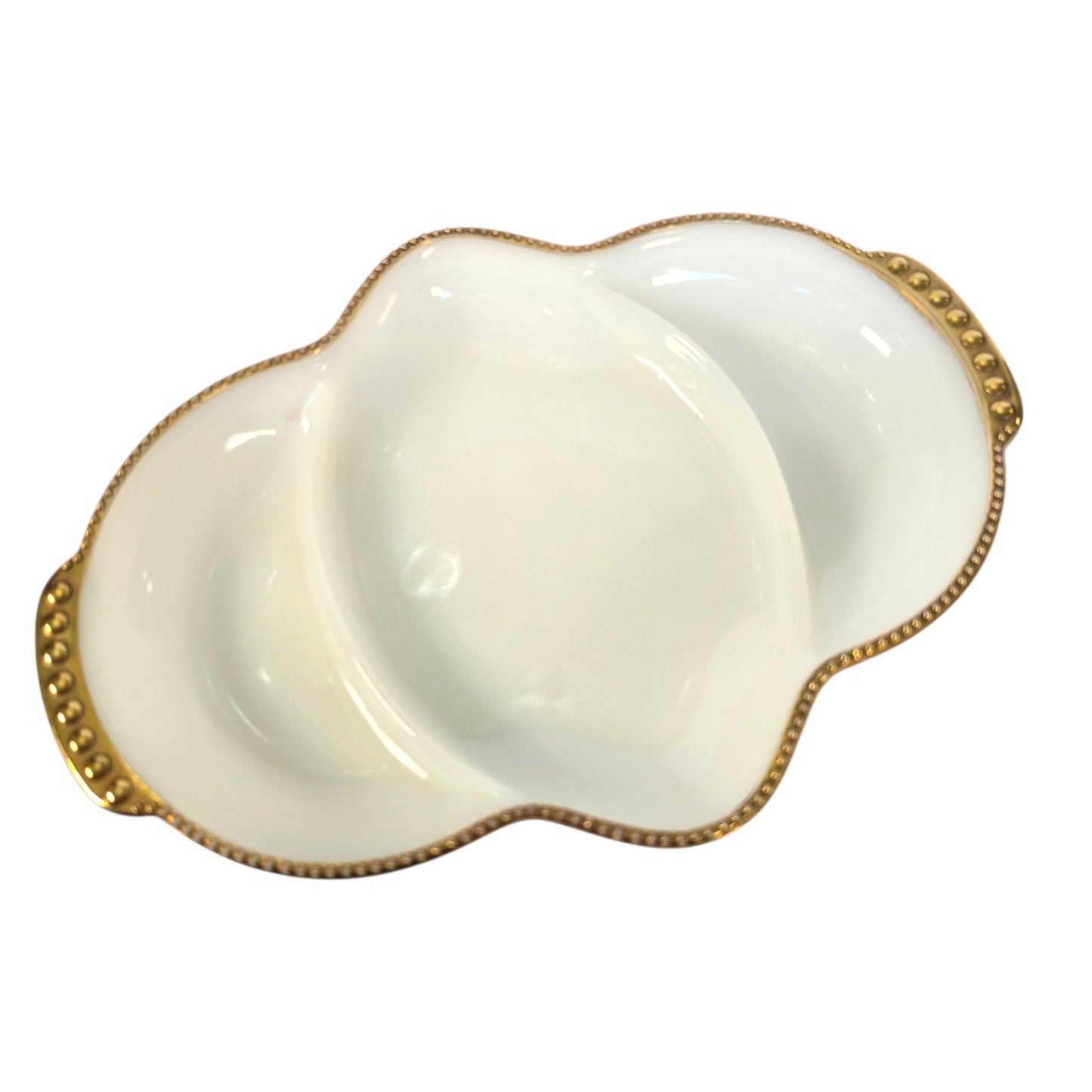 Vtg Fire-King Milk Glass Divided Relish Dish 22K Gold Trim Vanity Recency MCM