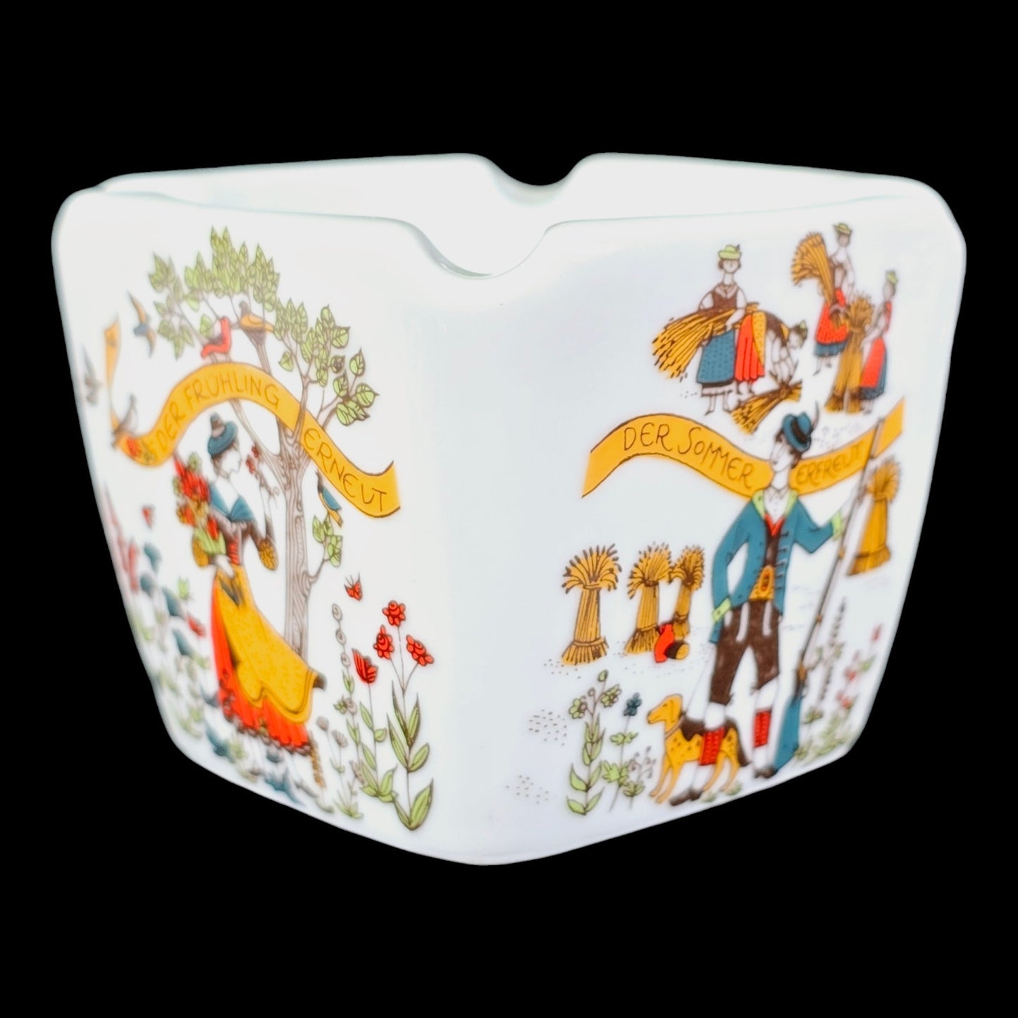 Vintage German Four Seasons Folk Art Ceramic Ashtray, Altenkunstadt Bavaria, 3 1/8" W