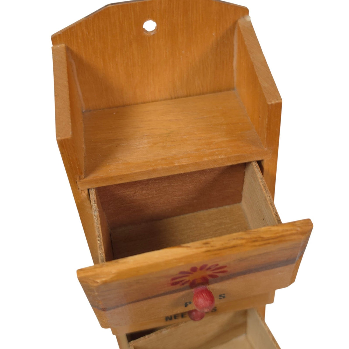 Vintage Wood Sewing Notions Box 3 Drawers Floral Wall Mount Pins Needles Thread