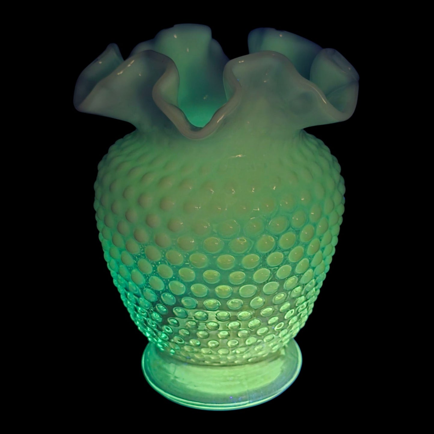 Fenton Aqua Blue Opalescent Hobnail Vase Uranium Reactive Ruffled Top Art Glass