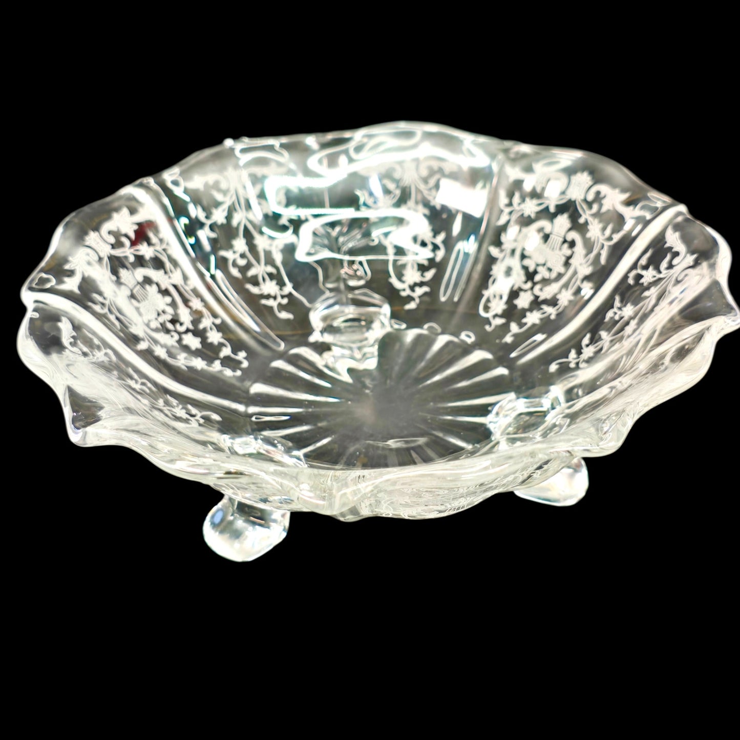 Vintage Fostoria Navarre Etched Clear Glass 3-Toed Scalloped Bon Bon Bowl 7"