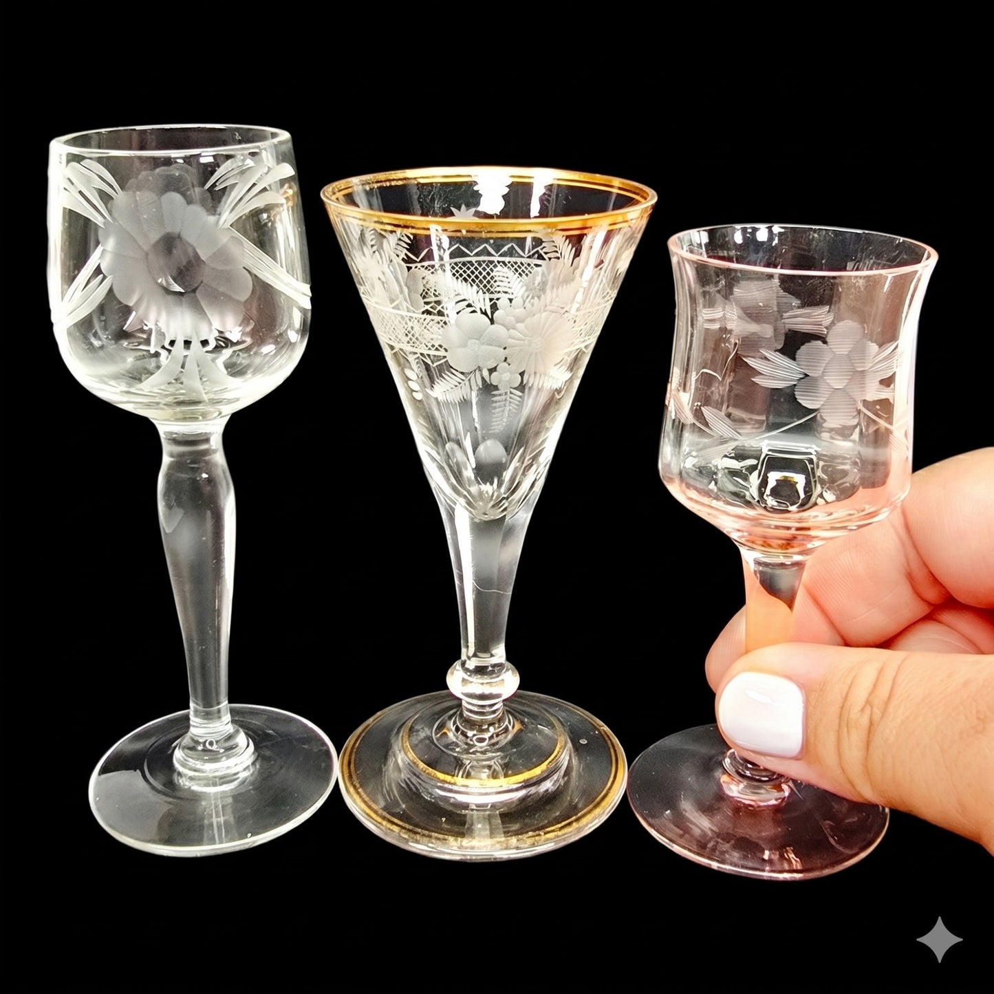 Trio of Petite Vtg Cordial Glasses Mismatched Minitature Liqueur Glass Set Read