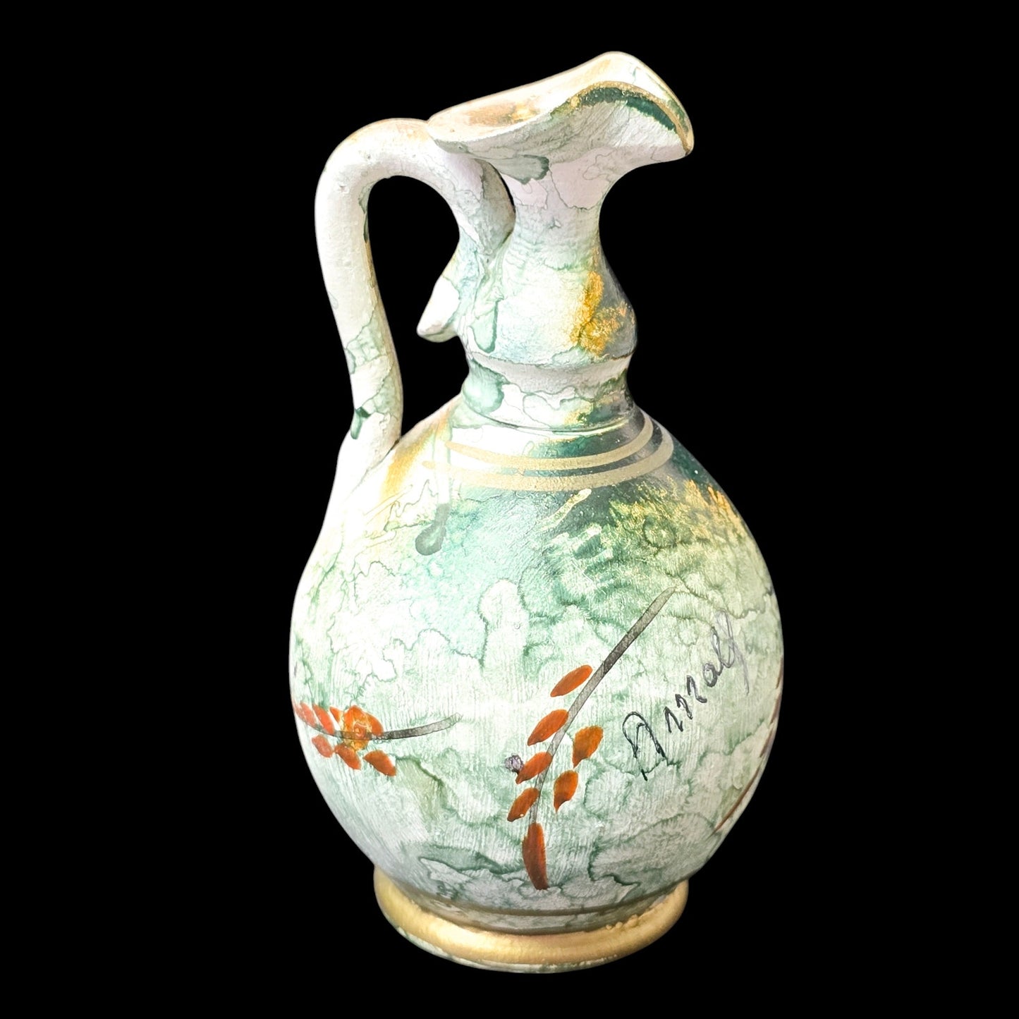 Vintage Mineature Hand Painted Pitcher, Etched Grecian Woman, Signed Arnold