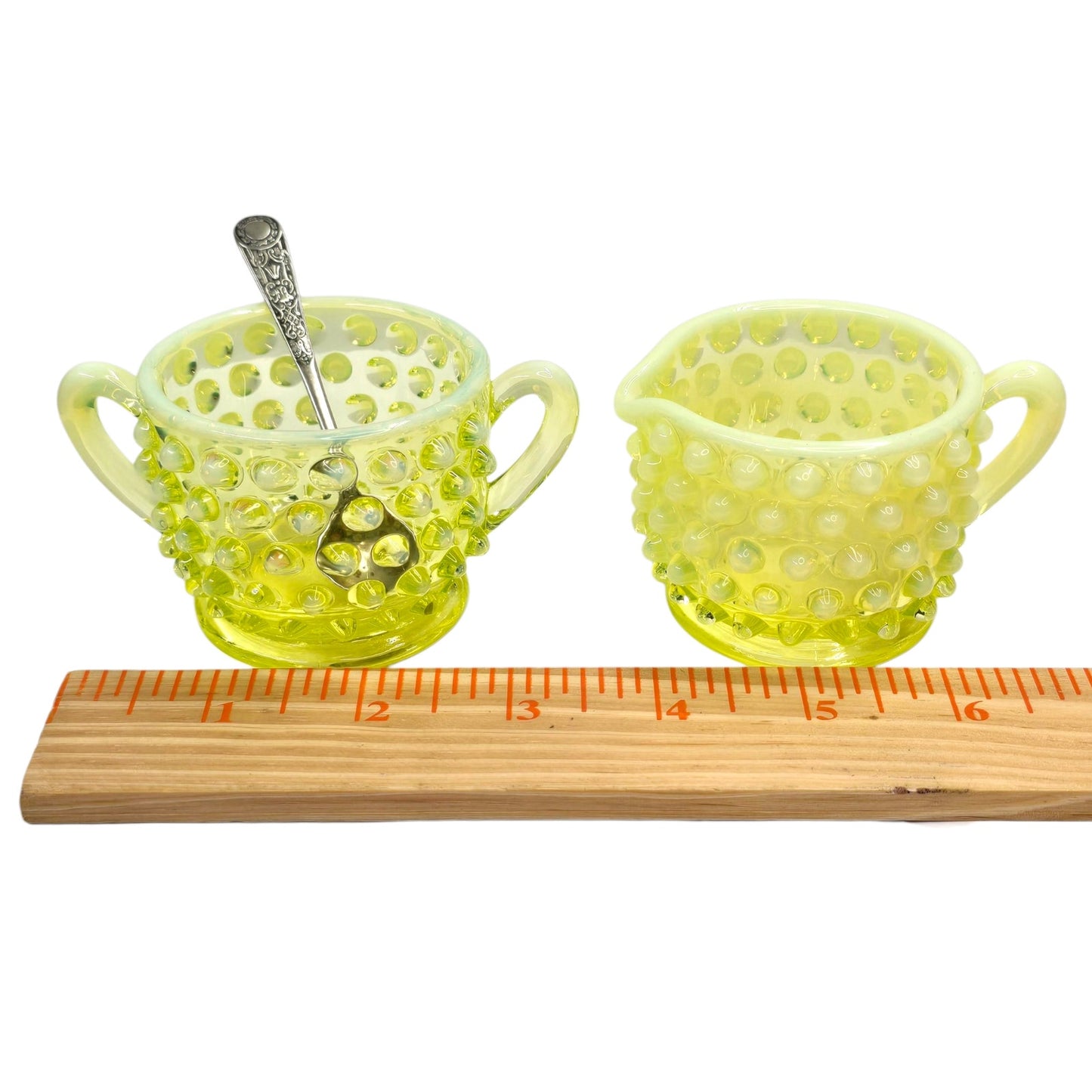 (Reserved for Customer) Fenton Vaseline Opalescent Hobnail Creamer & Sugar Set Uranium Reactive