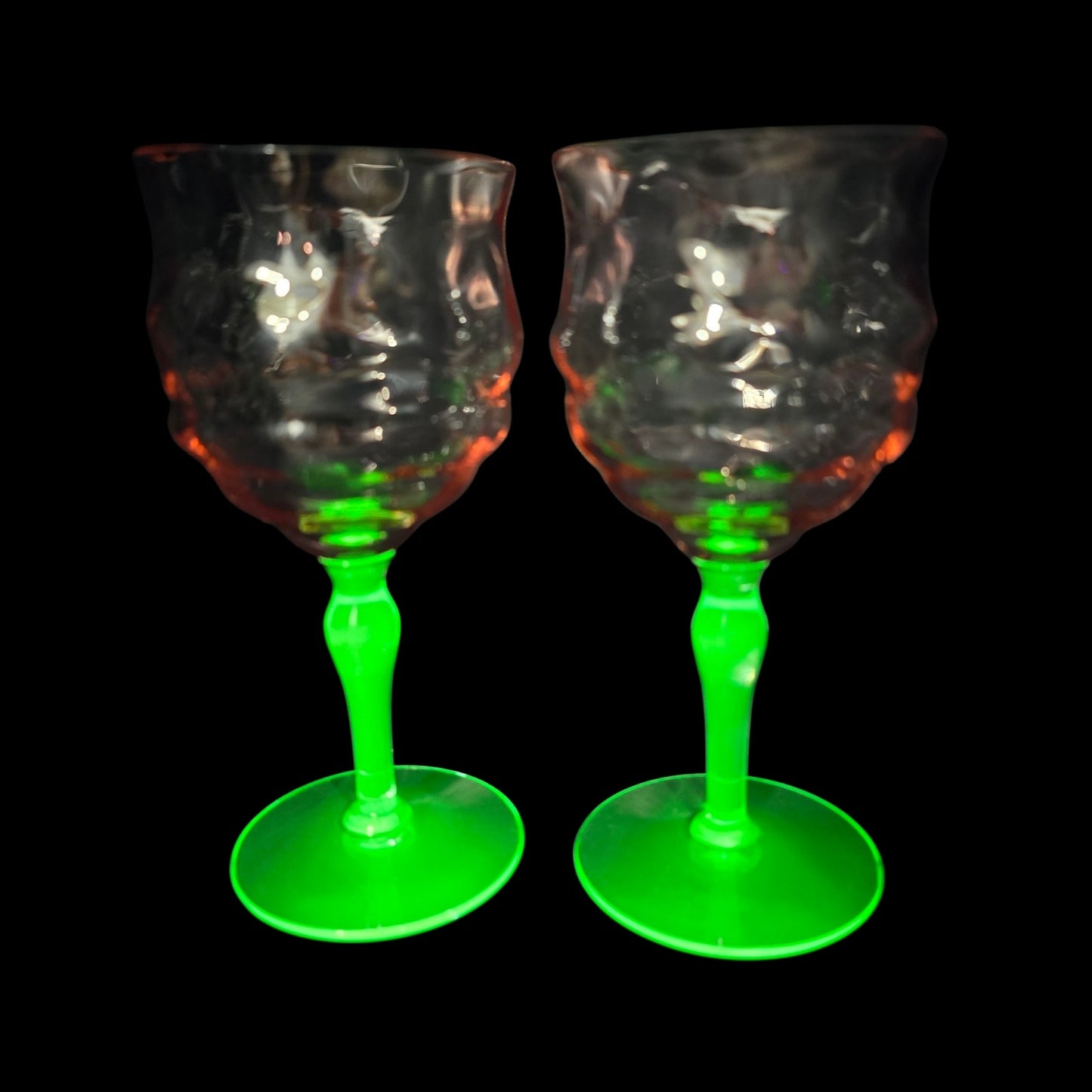 AS IS Tiffin Watermelon Uranium Glass Cocktail Coupe Champagne Glasses Set of 2