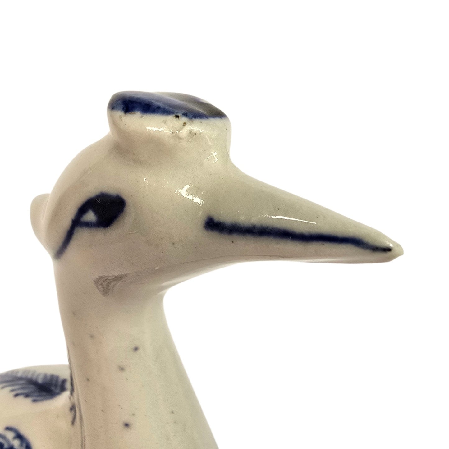 Vintage Blue & White Ceramic Crane on Turtle Figurine Asian Longevity Motif