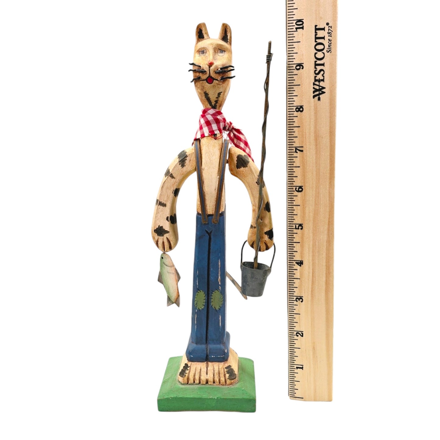 Vintage Hand-Carved Wooden Folk Art Cat Fisherman with Rod, Pail and Fish in Hand, 10" H