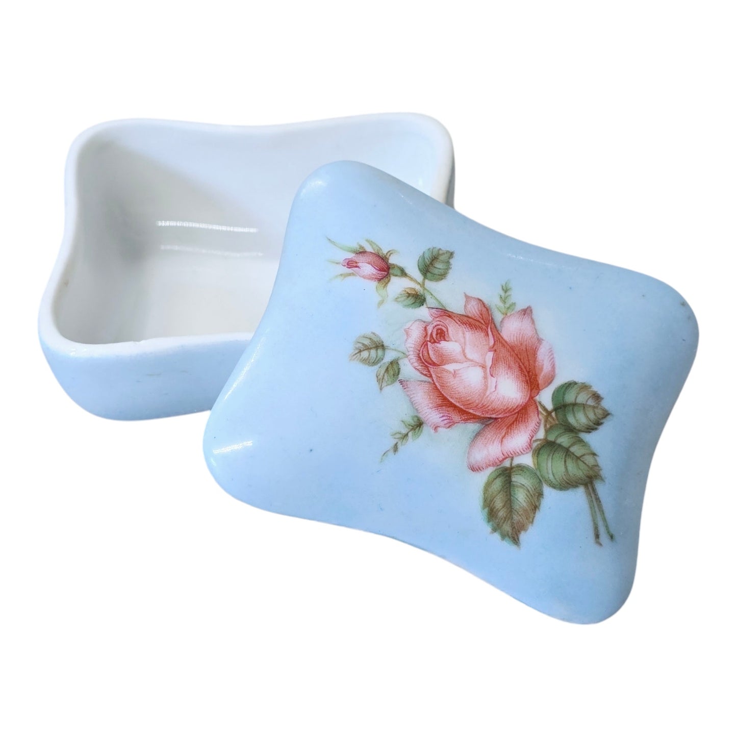 1960's Signed Beautiful Rose in Bloom Blue Porcelain Vintage Trinket Box