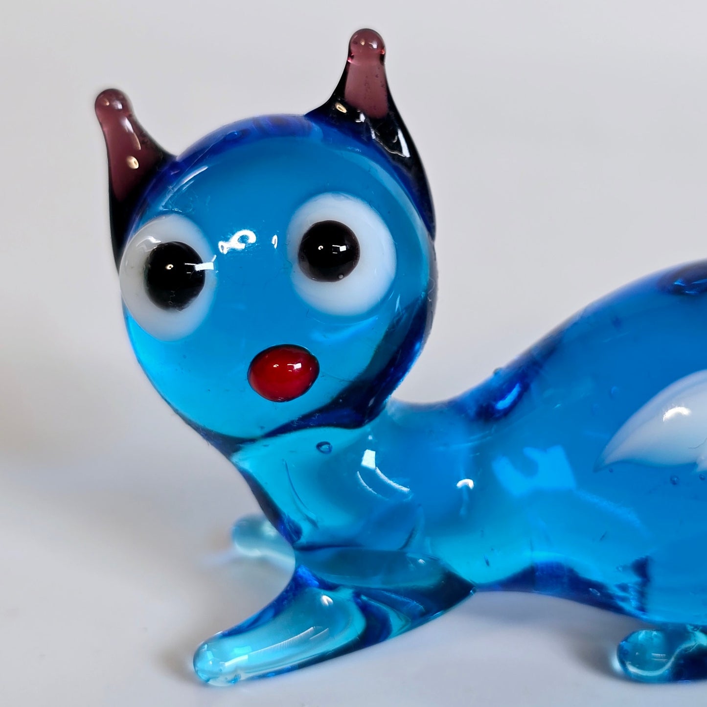 Handblown Blue Art Glass Cat, Laying Down, Blue Stretch Glass Cat