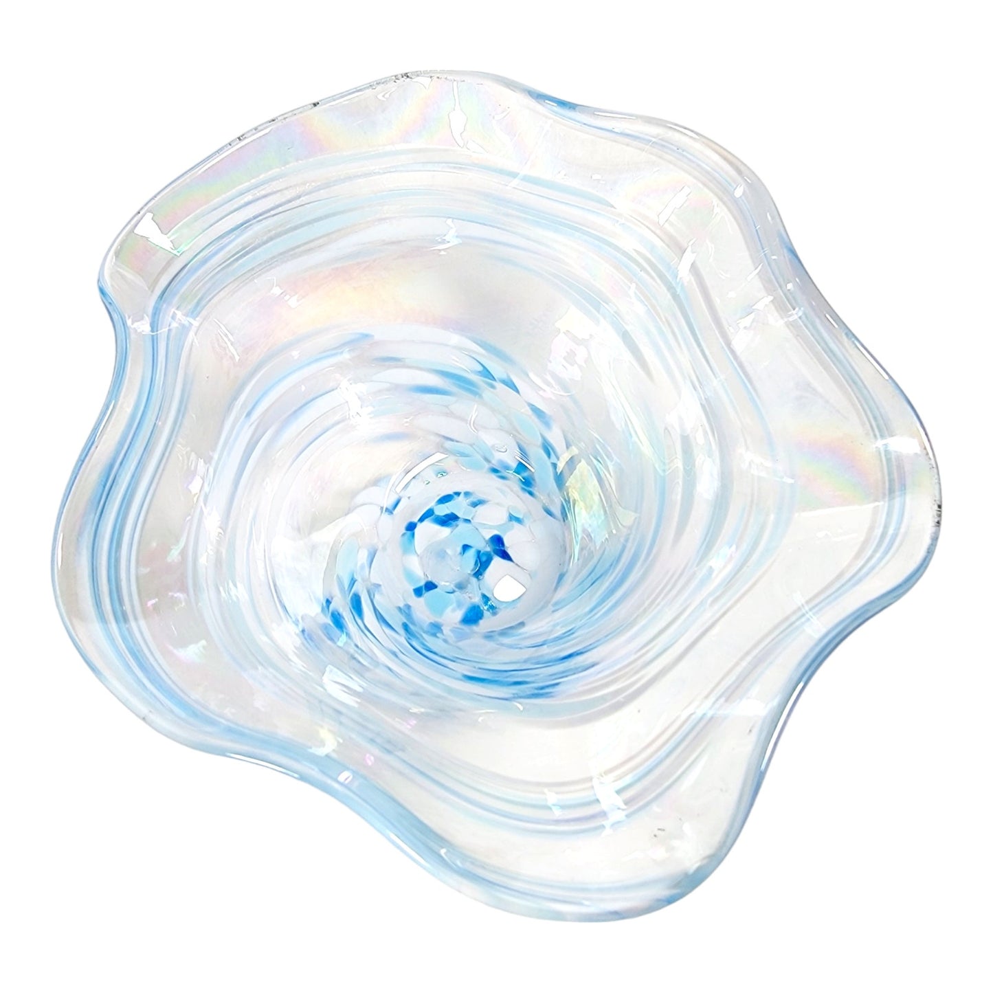 Glass Eye Studio Hand Blown Ruffled Glass Bowl Blue and White Iridescent 6" W