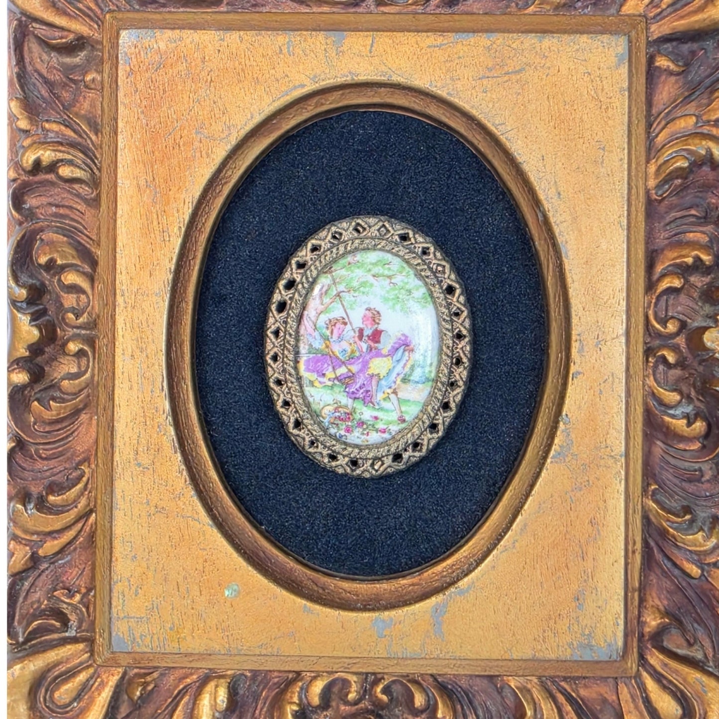Vintage Courting Couple Miniature Portrait Plaque Ornate Frame Made in USA