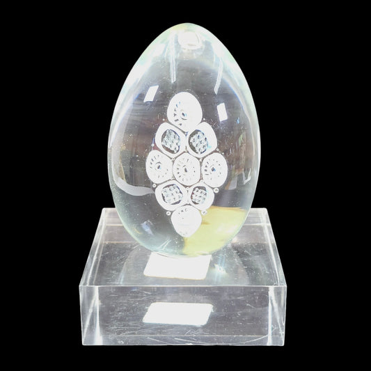 Vintage Murano Glass Egg, Concentric White Millefiori on Acrylic Base, 3.75" H Egg, Original Sticker