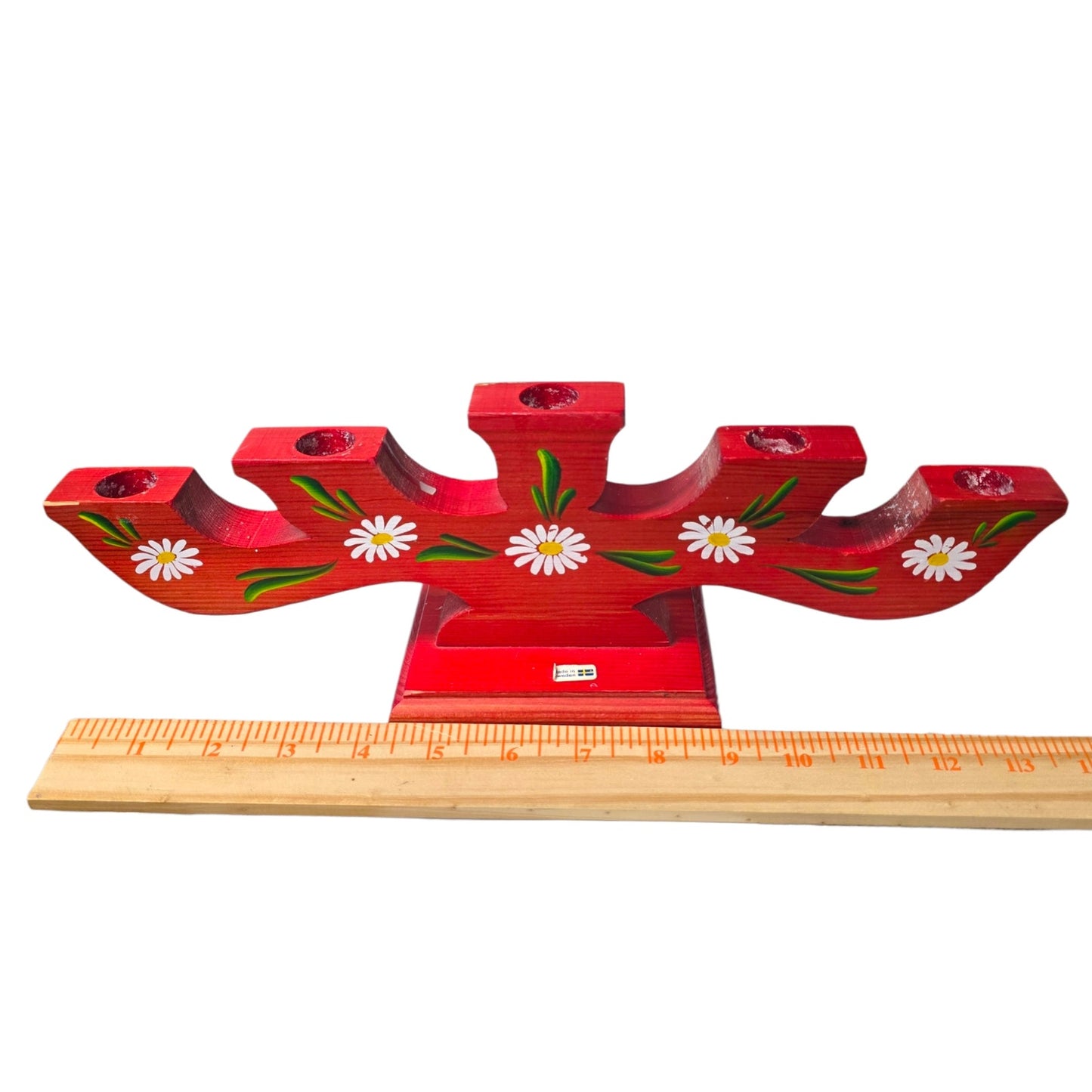 Vintage Sweden Wooden Candelabra Candle Holder Red Floral Hand Painted Folk Art