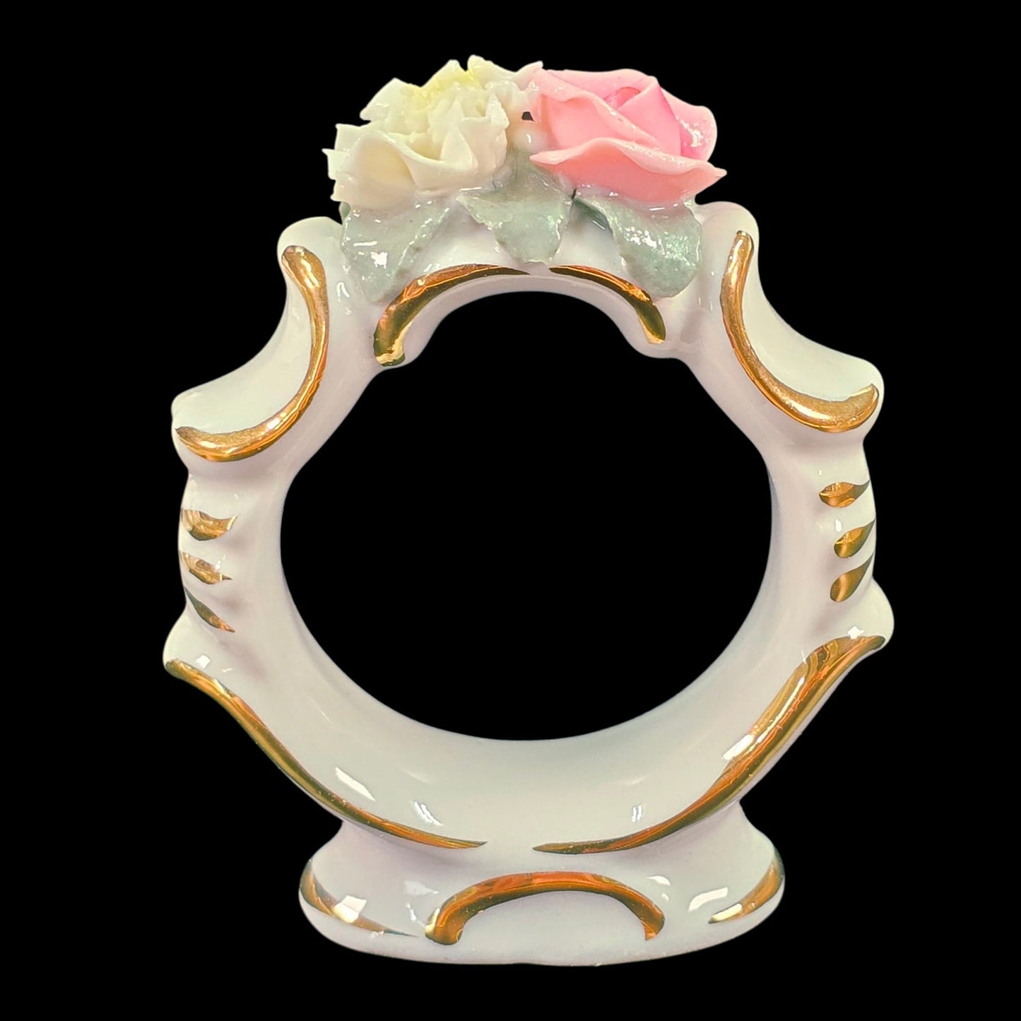 Vintage Set Of Six Dresden Pink Rose Porcelain Napkin Rings