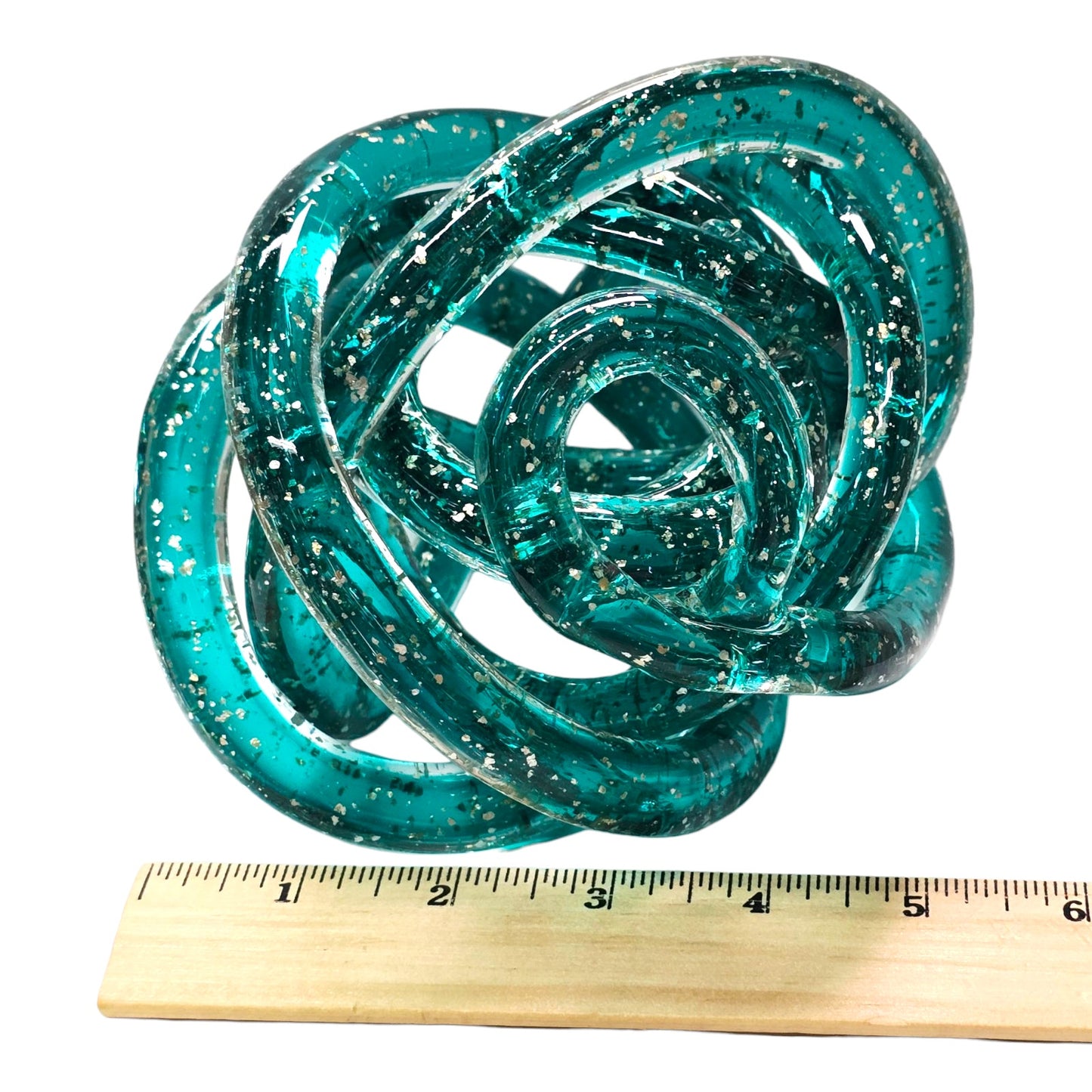 Handblown Art Glass Infinity Knot, Teal with Silver   Flecks