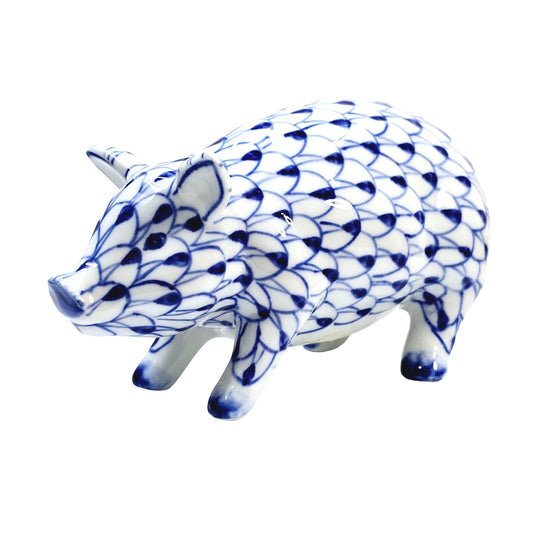 Vintage Porcelain Pig Fishnet Pattern White Blue Design Andrea by Sadek