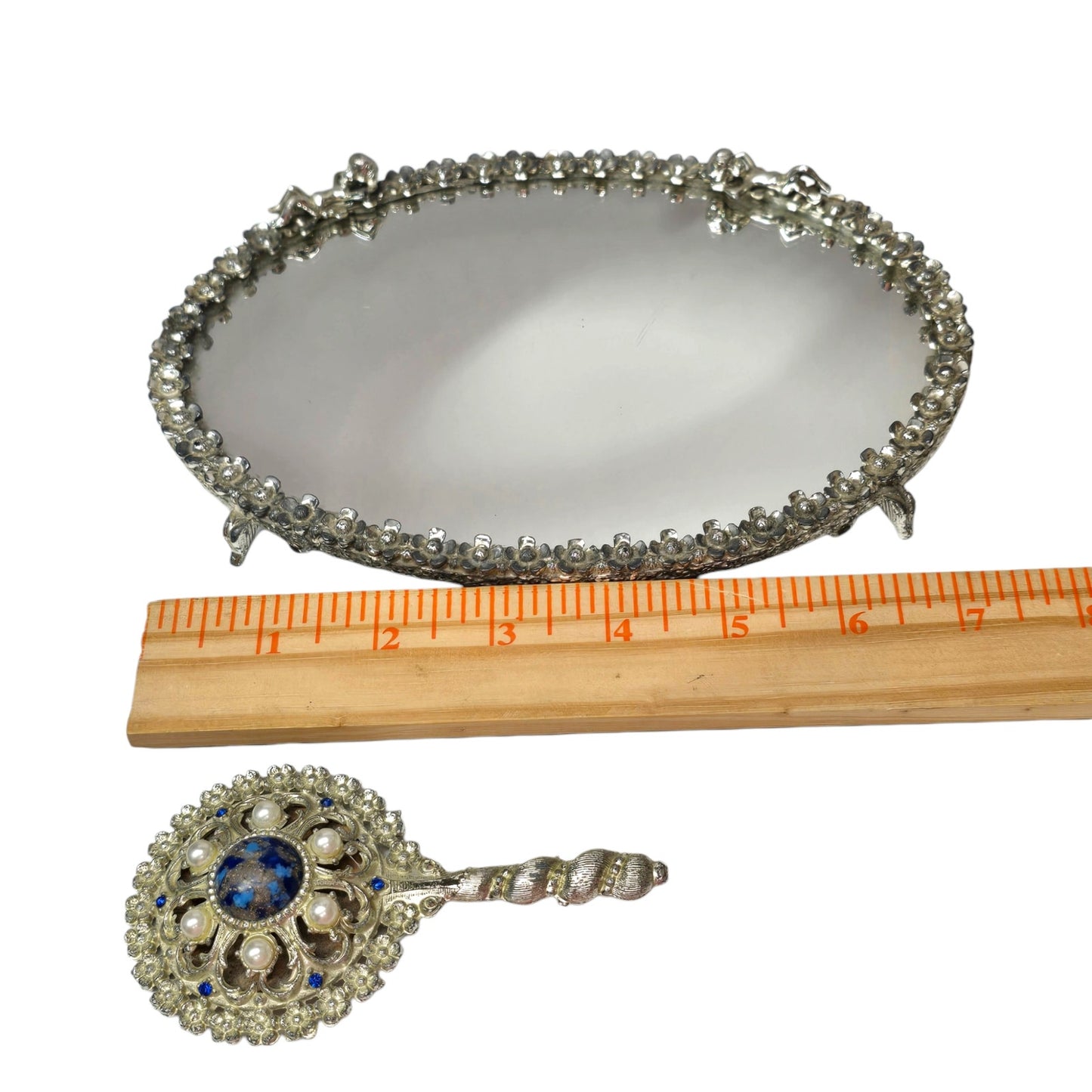 Sam Fink Vanity Set Mirror Tray Purse Mirror Cherub Flower Silver Tone Harp Feet