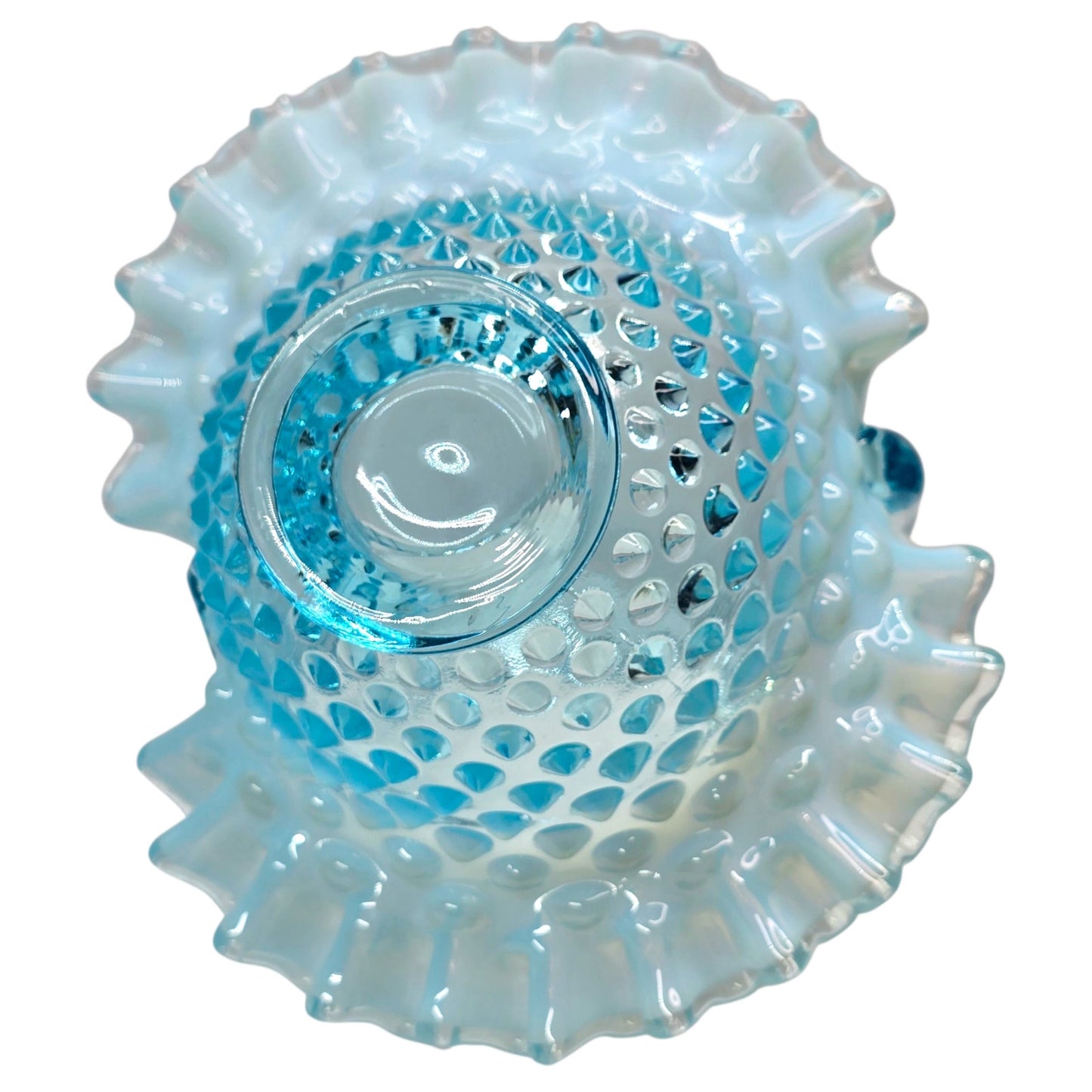 Fenton Blue Opalescent Hobnail Basket Set Uranium Reactive Ruffled Glass Pair