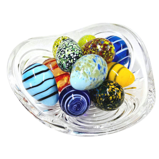 1 Dozen Handblown Glass Eggs in Crystal Dish, 12 Small Colorful Artisan Glass Eggs