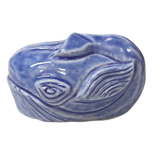 Vintage Blue Ceramic Whale Figurine Curled Tail Pottery Small Ocean Decor