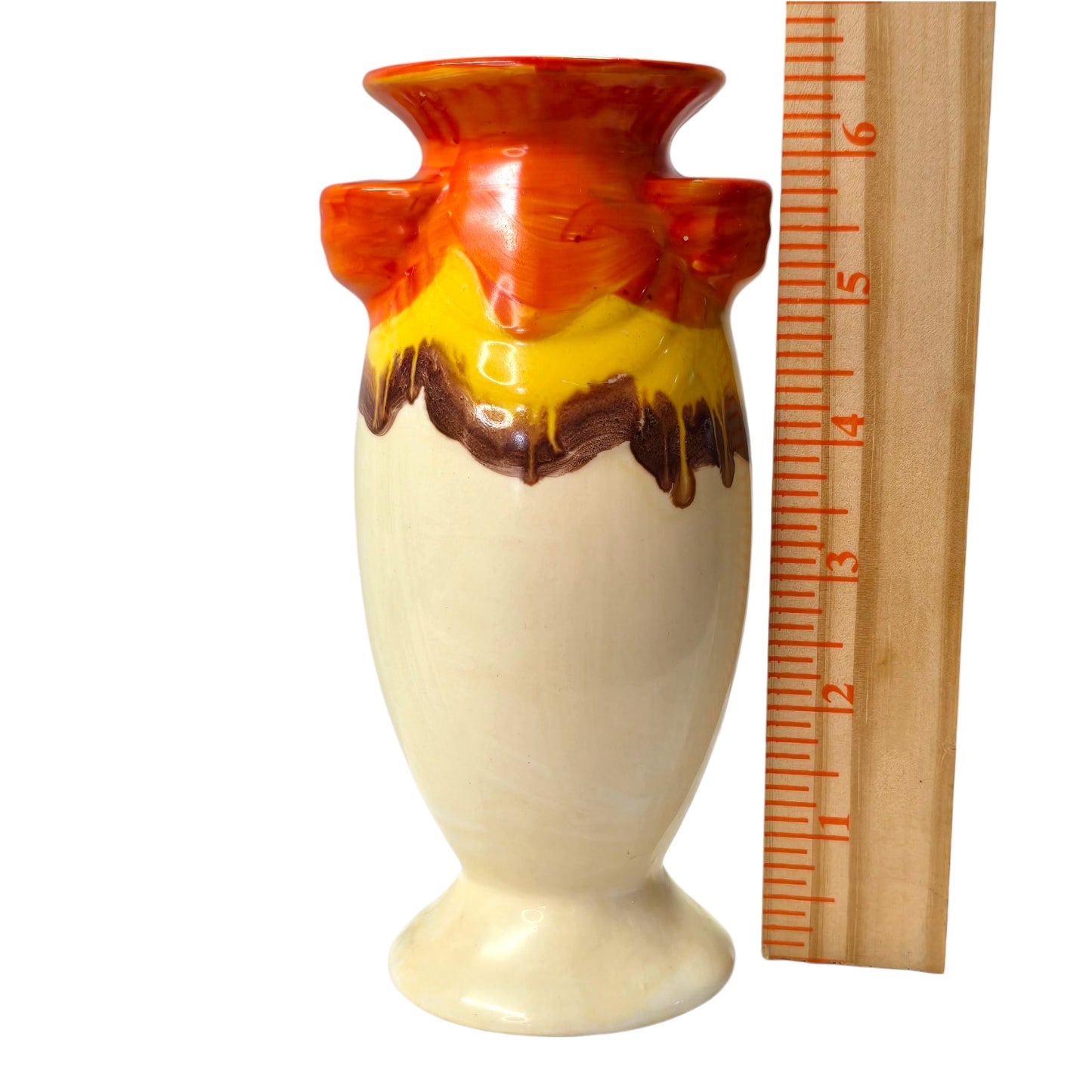 Vtg Czechoslovakia Pottery Vase Orange Yellow Brown Drip Glaze Ceramic 6"
