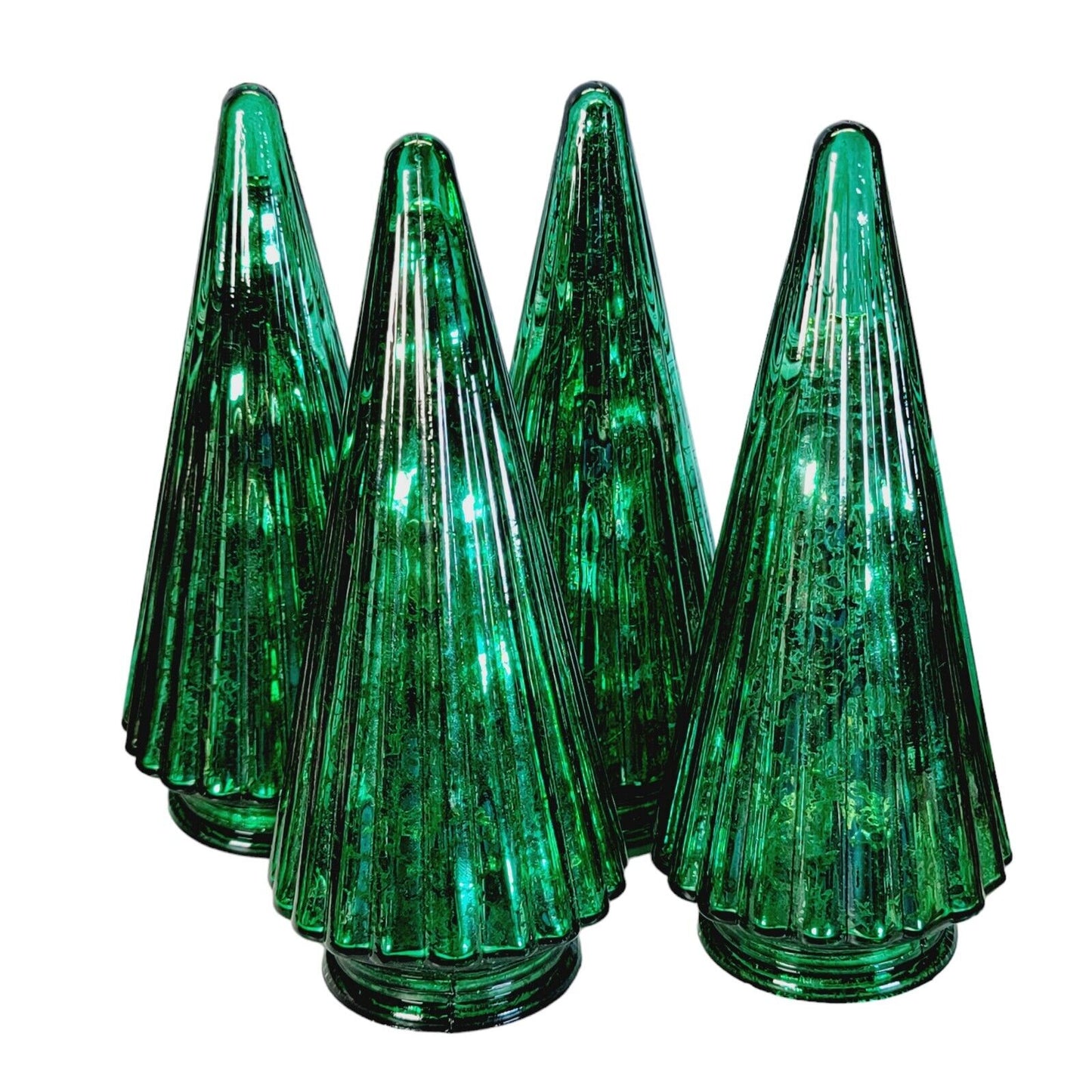 Set of 4 Mercury Glass 8" Light Up Green Christmas Trees, Battery Operated