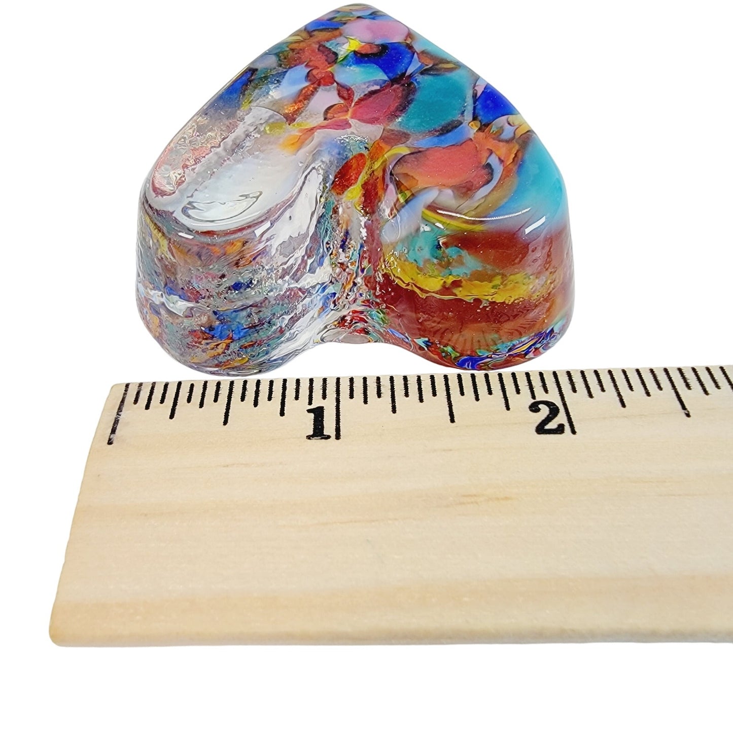 Small Hand Blown Art Glass Heart Paperweight, Applied Rainbow Colors