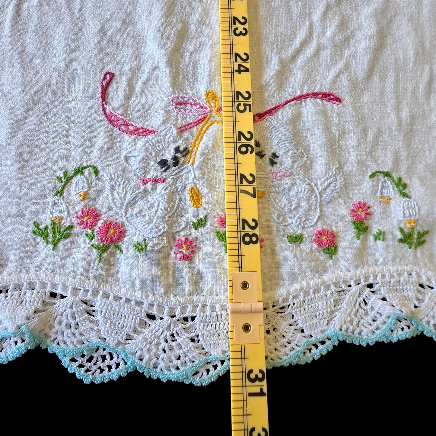 Vintage Embroidered Pillowcase Cats Wishbone Blue Lace Trim Pink Bow