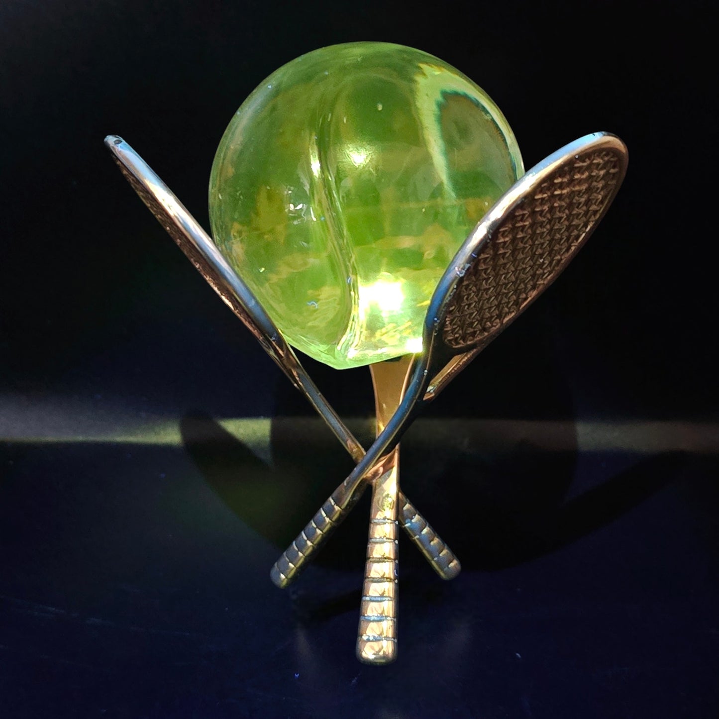 Gold Tone Tennis Ball Display with Glass Tennis Ball, Tennis Collectible Gift