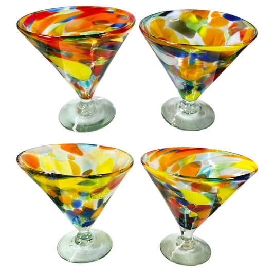 Set of 4 Hand-Blown Martini Margarita Glasses with Colorful Swirl Pattern, 5.75" H (approx.)