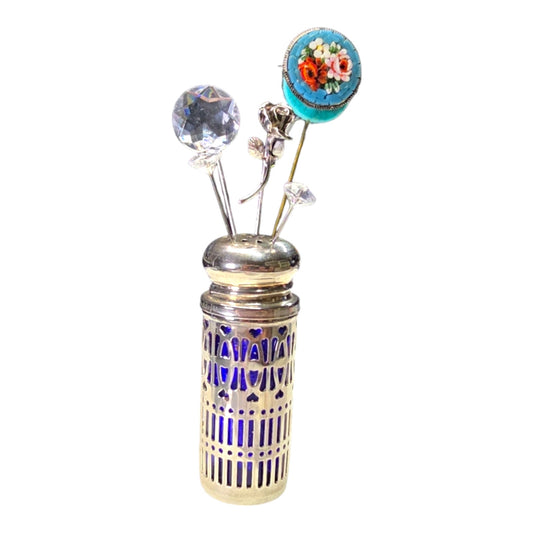 Silver over Cobalt Blue Glass Ornate Shaker with 5 Display Pins, including a Vintage Micro-Mosaic Clip Pin and Silver Tone Rose Pin