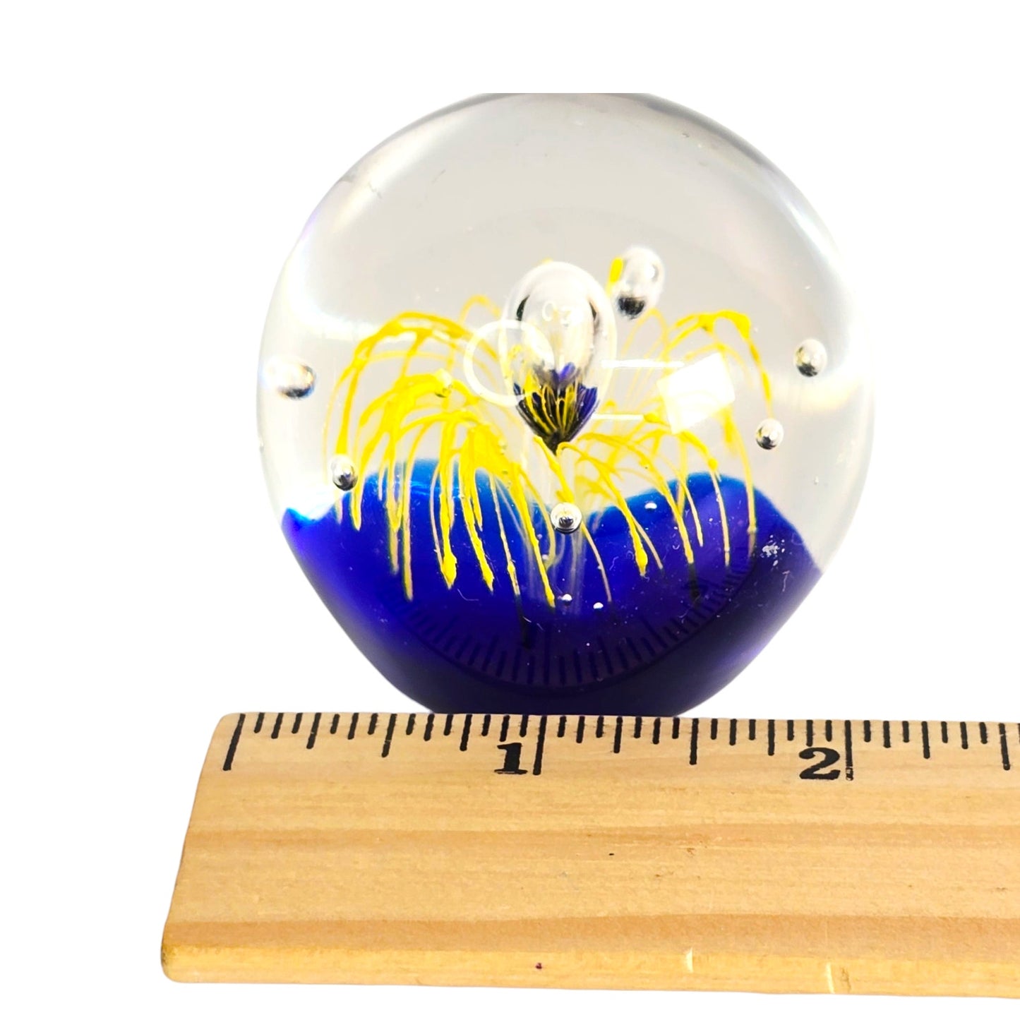 Art Glass Paperweight Cobalt Blue Yellow Firework Design
