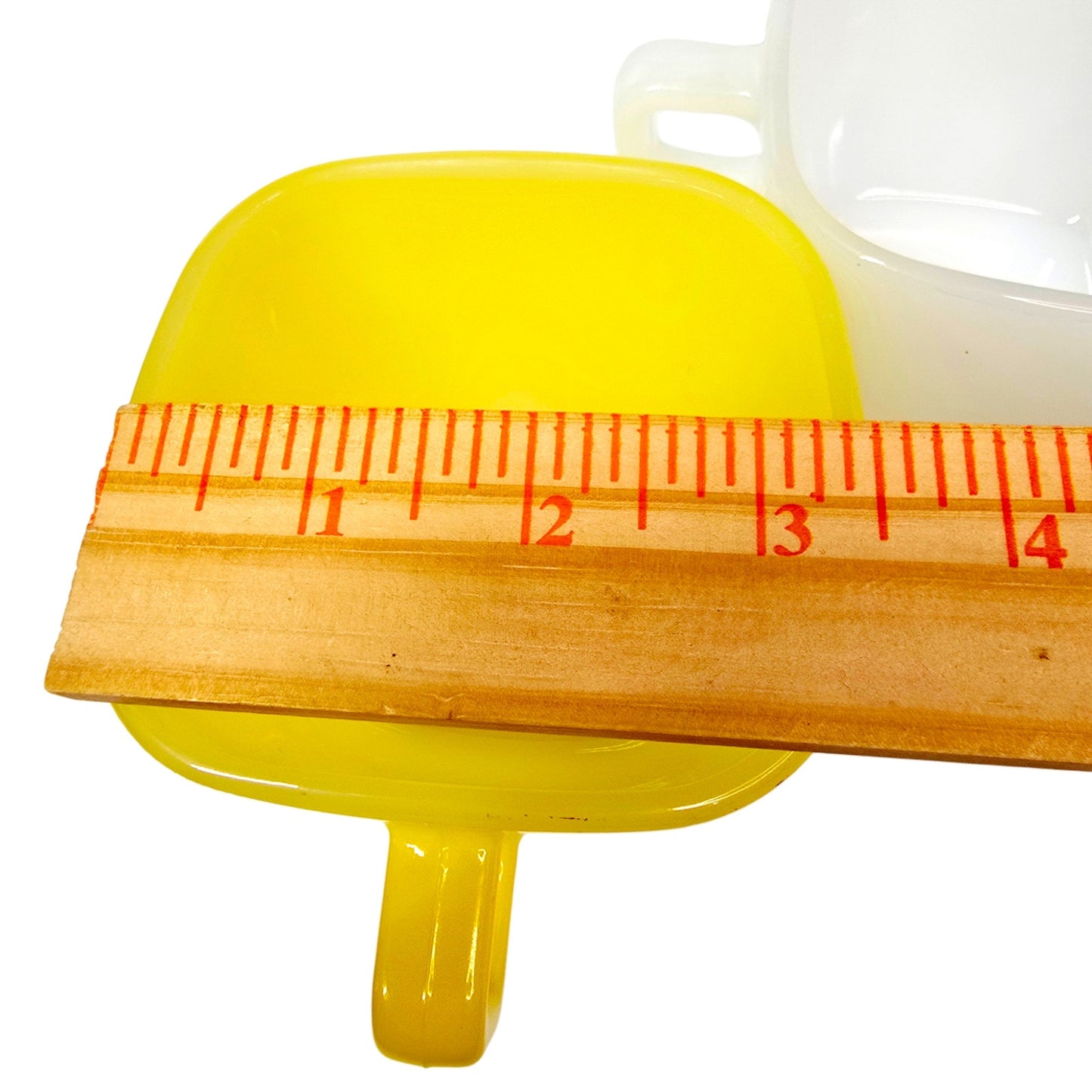 Glasbake Milk Glass Mugs Set 3 Square White Yellow USA Vintage Coffee Cups