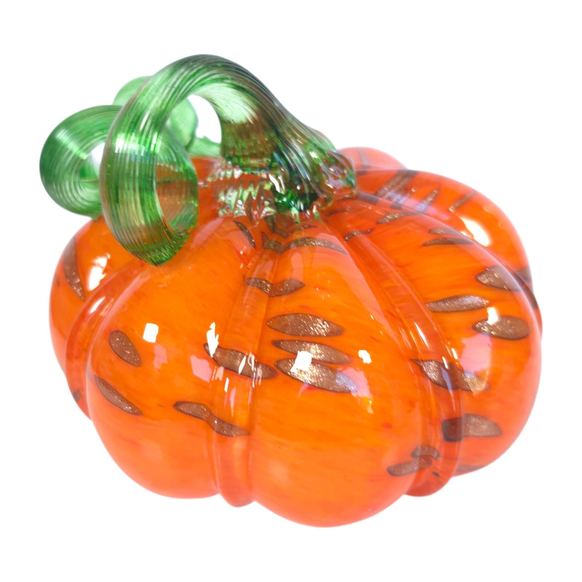 Hand Blown Orange Art Glass Pumpkin Green Curled Vine Stem Metallic Accents