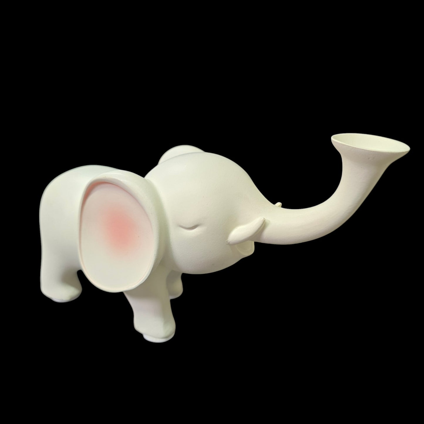 Smooth Satin Ceramic Elephant Figurine, Trunk Up  White and Pink Elephant