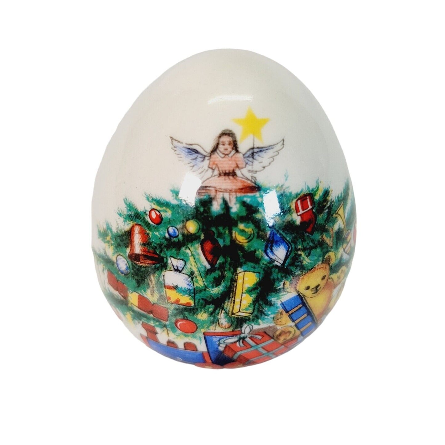 Ceramic Egg Figurine Christmas Tree with Angel , Train, Bear, Presents 2.5" H