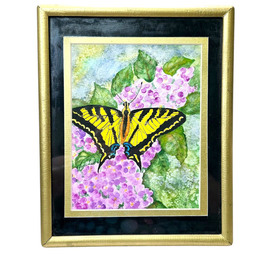 Signed Watercolor Eastern Tiger Swallowtail Butterfly Resting on Purple Lilacs