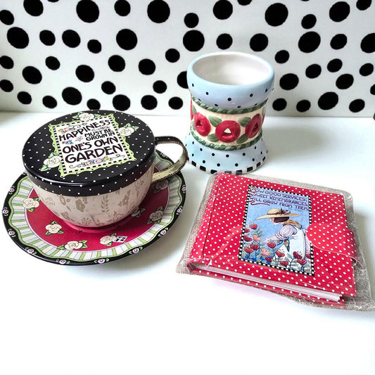 ME Mary Engelbreit  Garden Blossom Lot: Tin Teacup Trinket Holder, Blossom Votive and Photo Album