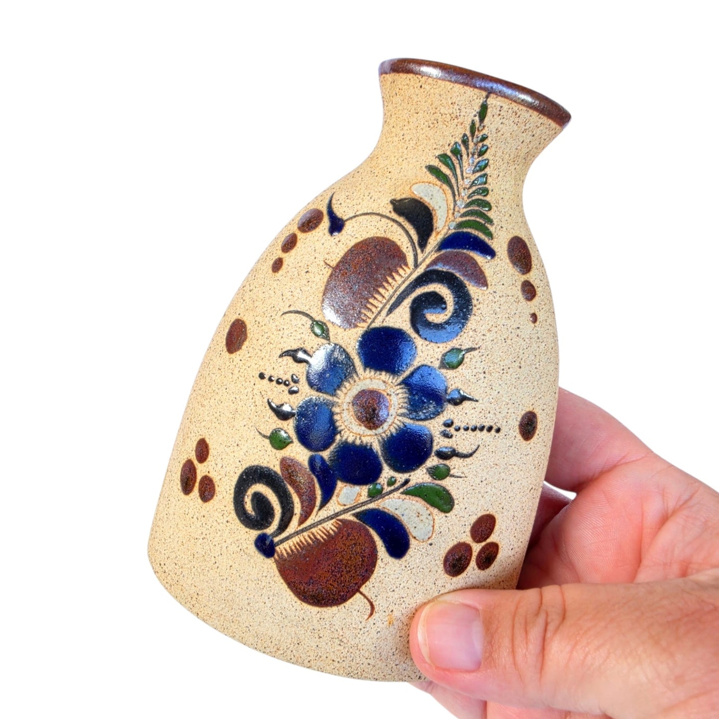 Vintage Netzi Tonala Mexican Pottery Bud Vase Hand Painted Folk Art Floral