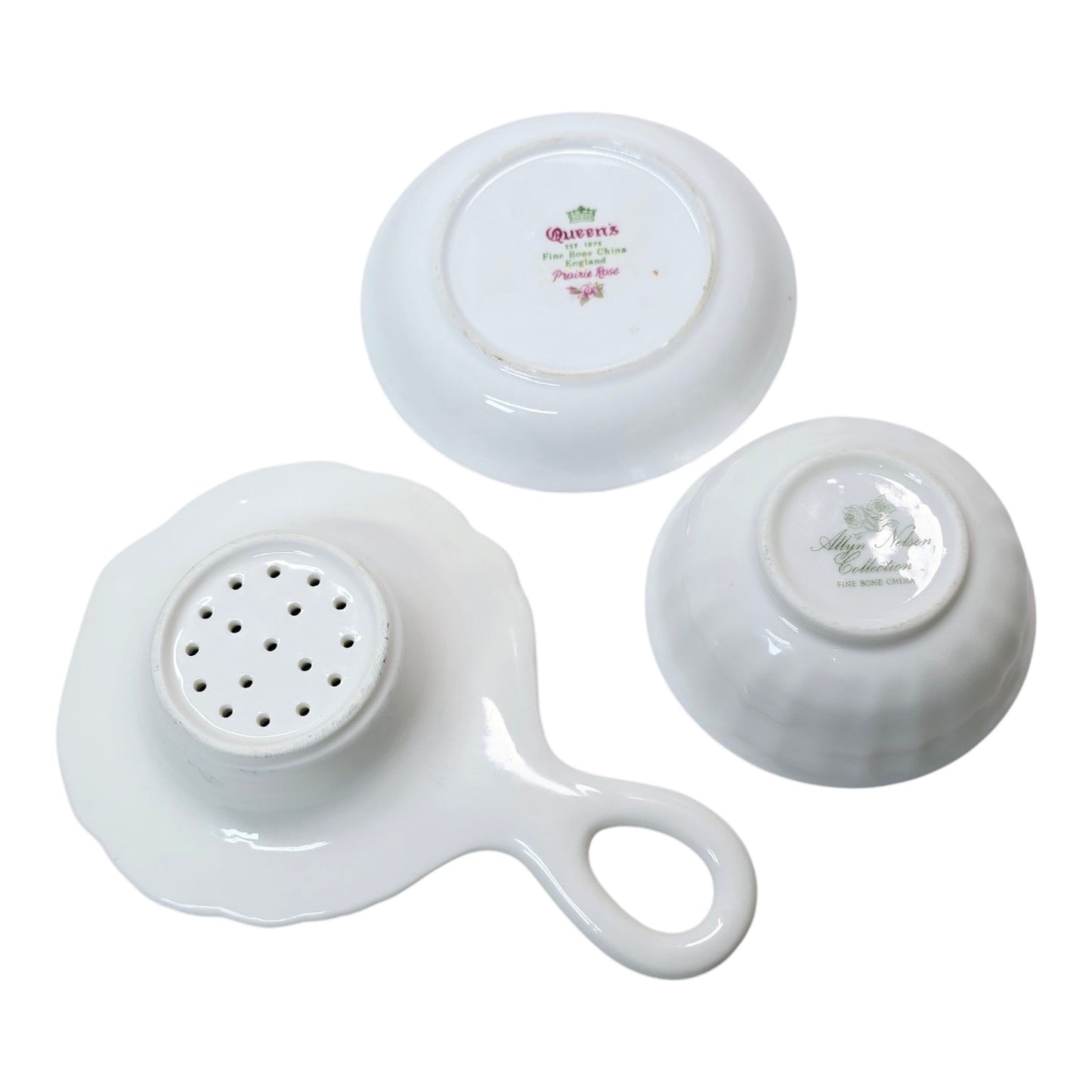 Set of 3 Dainty Tea Dishes: Allyn Nelson Porcelain Tea Strainer and Drip Bowl, plus a dainty Queen's England Prairie Rose Dish