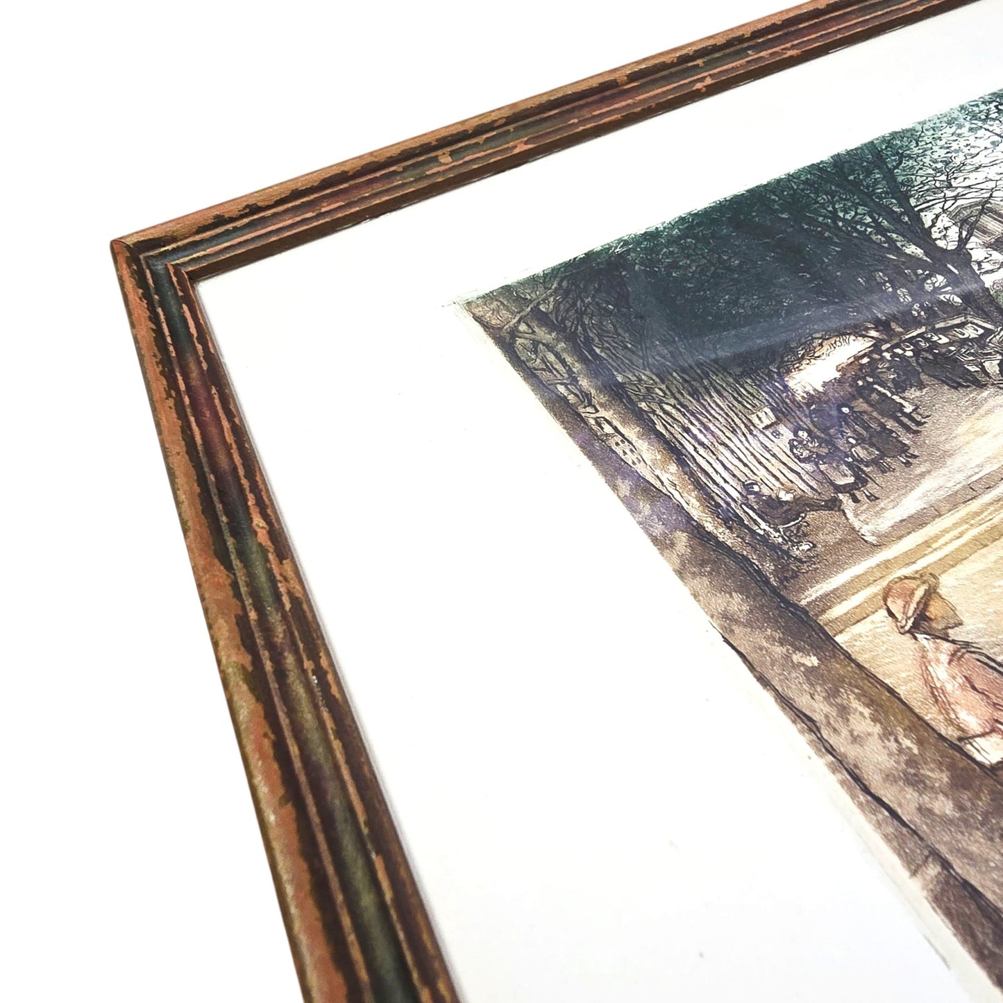 Signed Huberly Paris Scene HandColored Etching Marchands de gravures Notre Dame