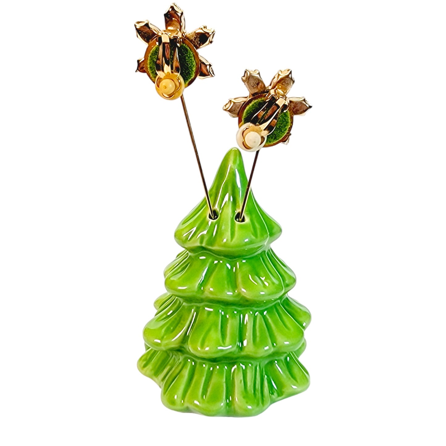 Christmas Tree Shaker Display with 2 Display Pins holding a Vintage Earring Set