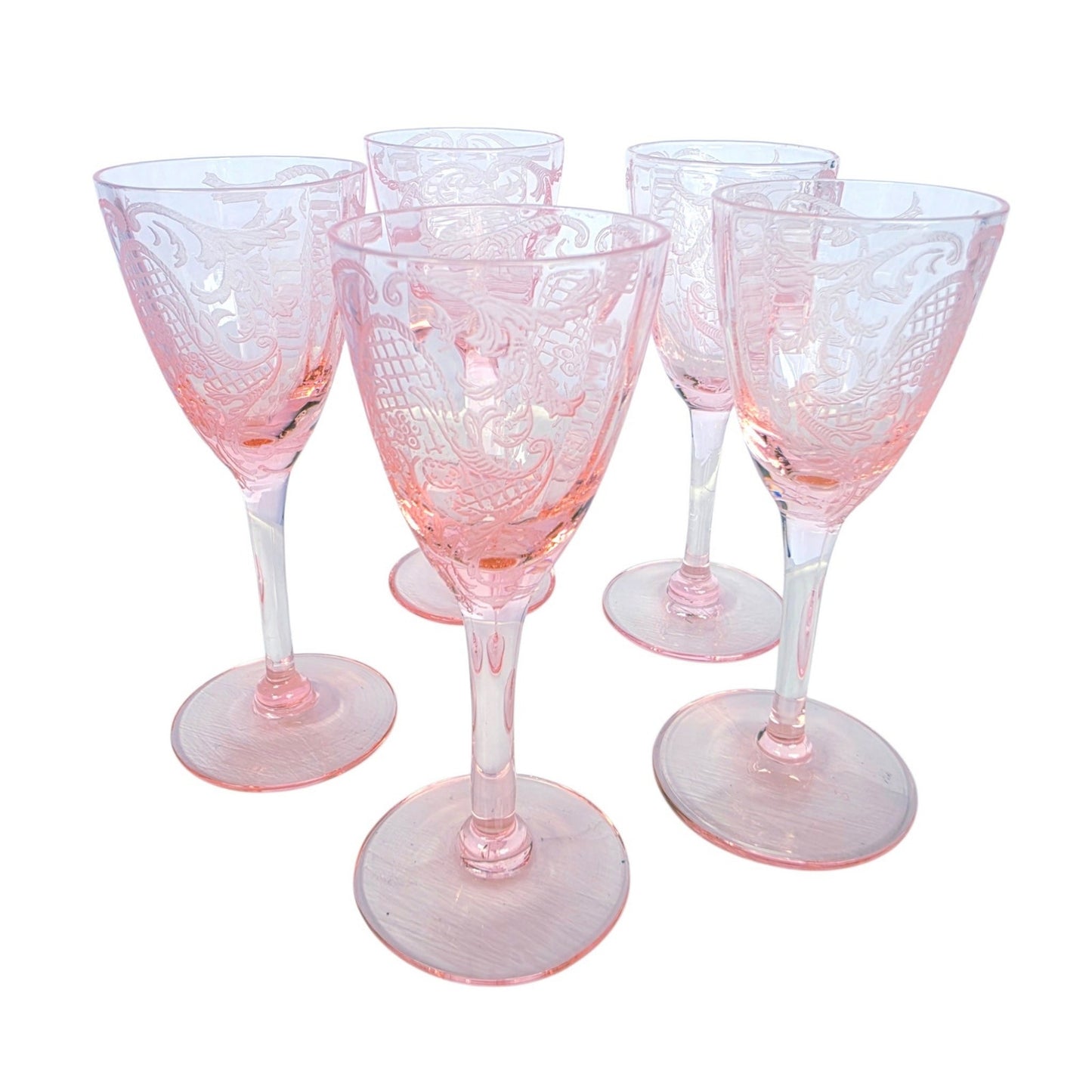 Rare 1929 Cambridge Glass Etched Pink Cordials Etch 740 Stem 3050 Set of 5