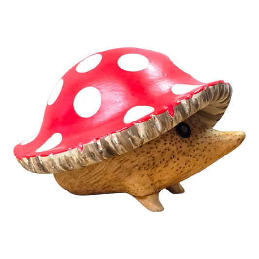 DCUK Wooden Hedgehog Mushroom Toadstool Cap Hand Carved Painted Figurine