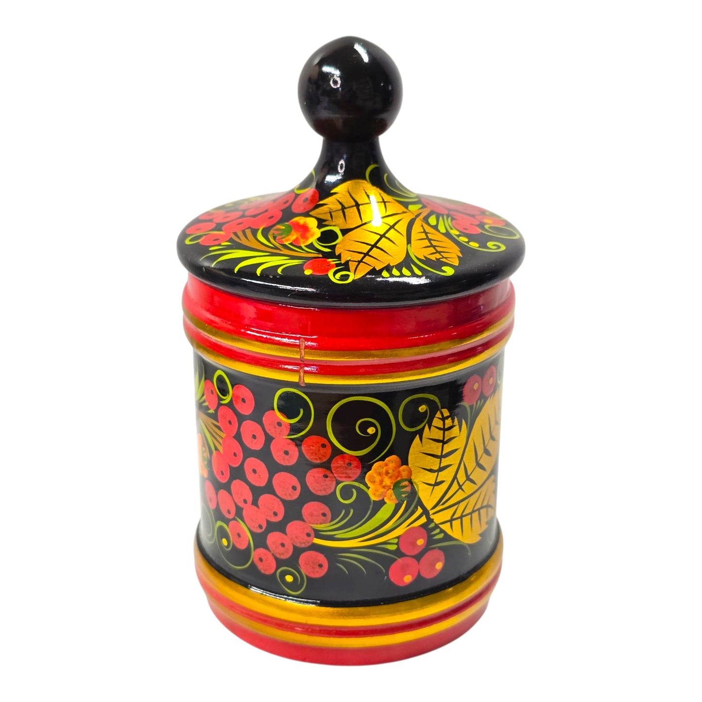 Vtg Russian Khokhloma Painted Wooden Lidded Jar Black Red Gold Floral Folk Art