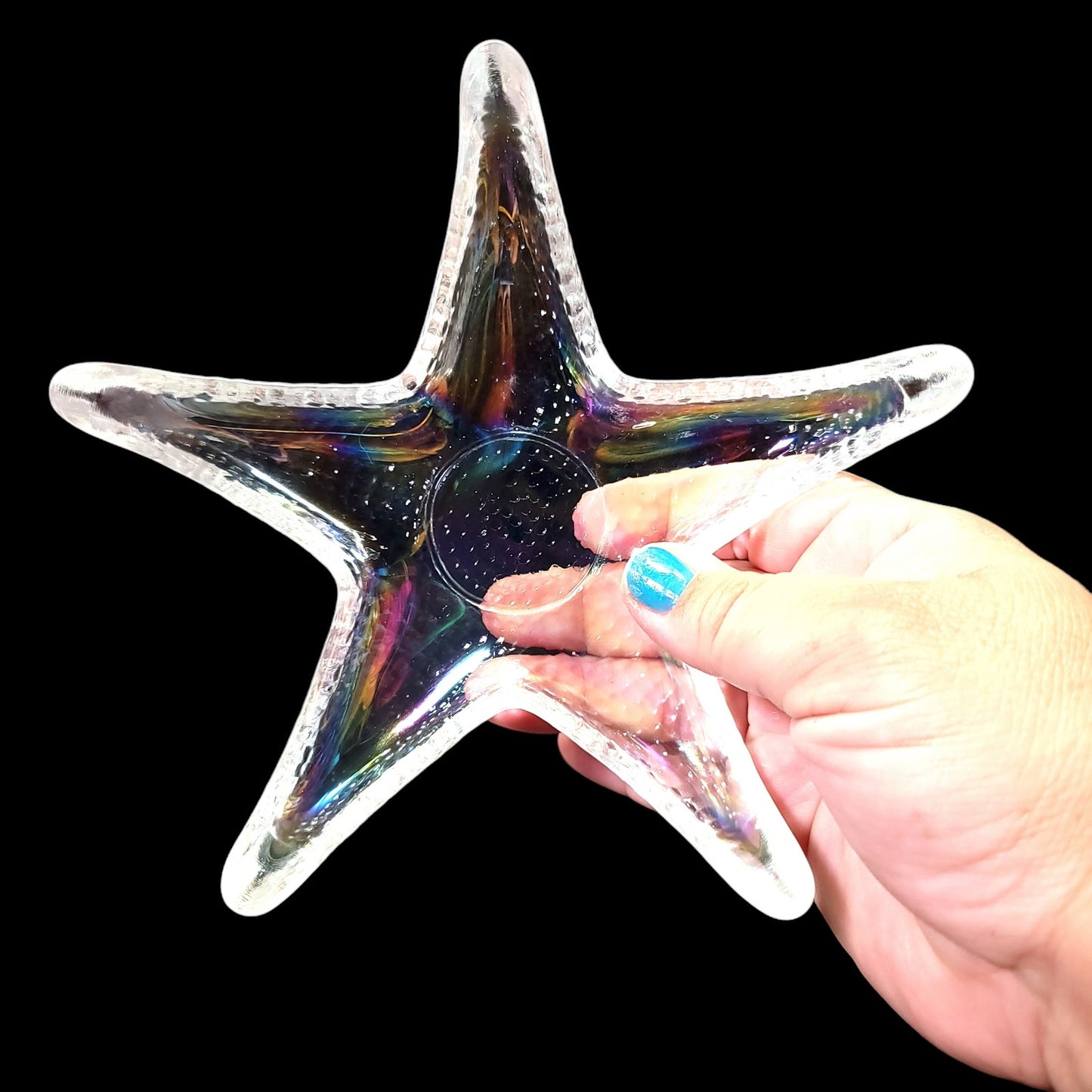 Iridescent Glass Starfish Trinket Dish, Coastal Home, Seashell Dish Seashore Decor 6.75" W