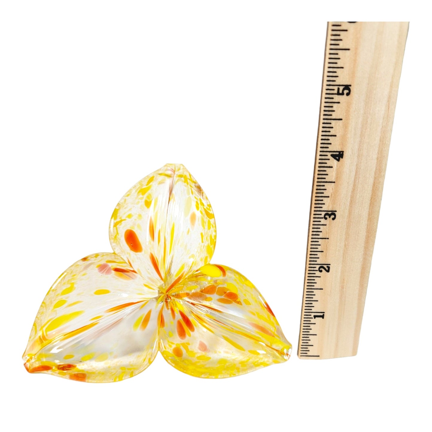 Hand-Blown Art Glass Flower with Stem in Yellow and Orange Flower, 3 Leaf Flower- Noneya