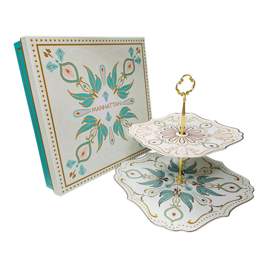 Manhattan Two Tier Dessert Stand Gold Trim Boho Fine China Tea Party Original Box