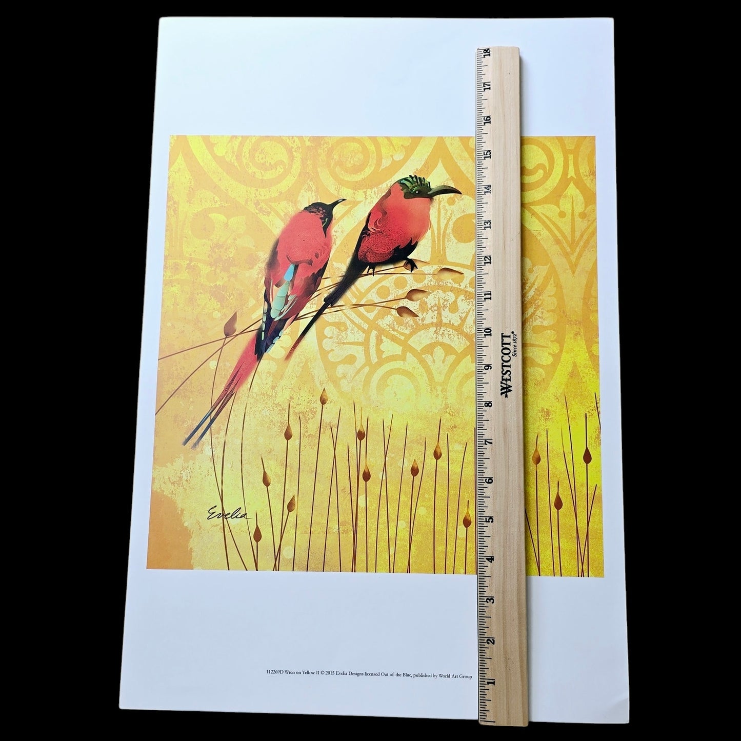 Set of 2 Wren Bird Art Prints: Wren on Yellow I and II, 2015 Evelia Designs, Licensed Out of the Blue, Published by World Art Group