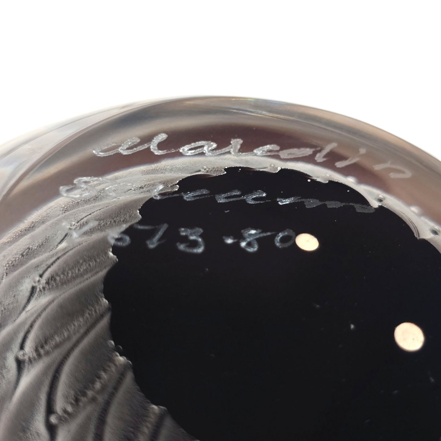 Signed Vtg Marcolin Sweden Art Glass Egg Paperweight Black White Ribbon Swirl 80